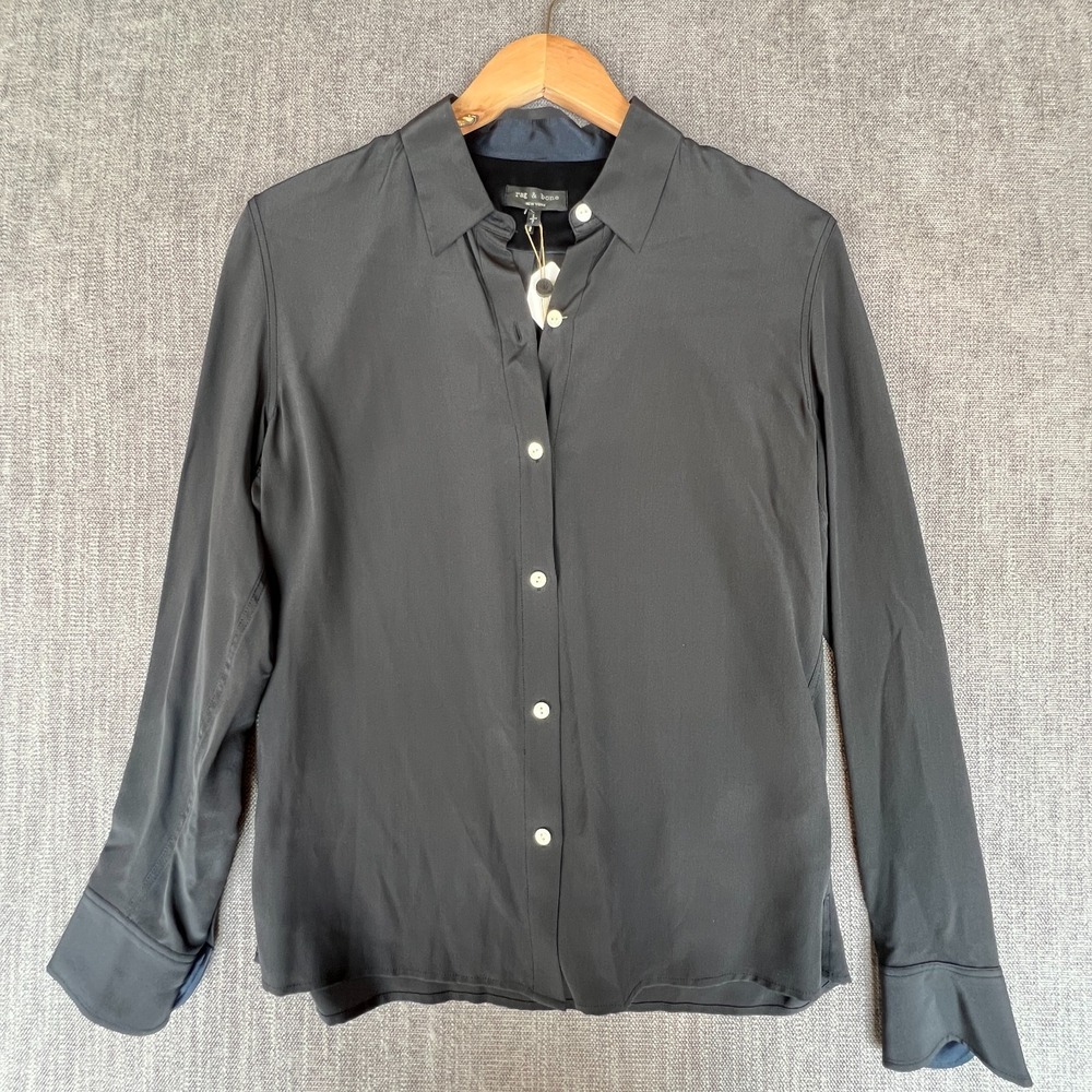 Rag & Bone Poppy Shirt Women S Black Silk Long Sleeve Office Casual Button Front
